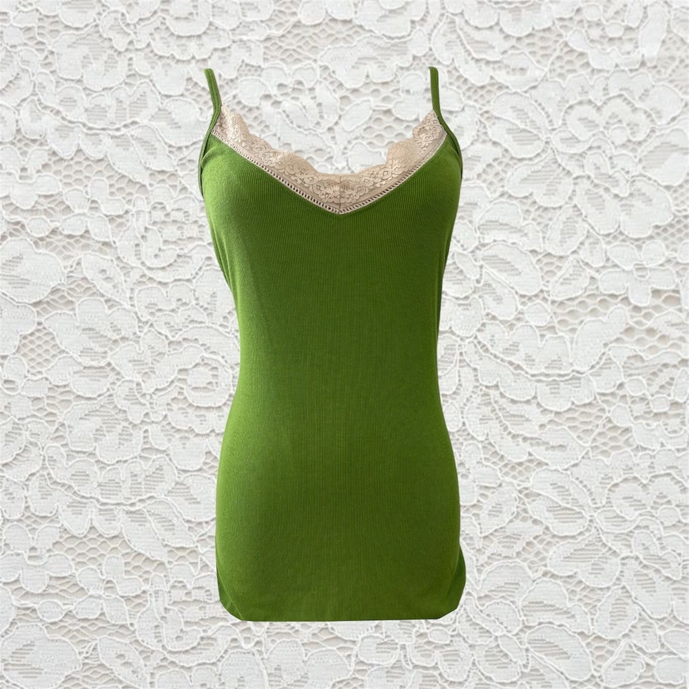 vintage old navy green fitted tank top with lace trim